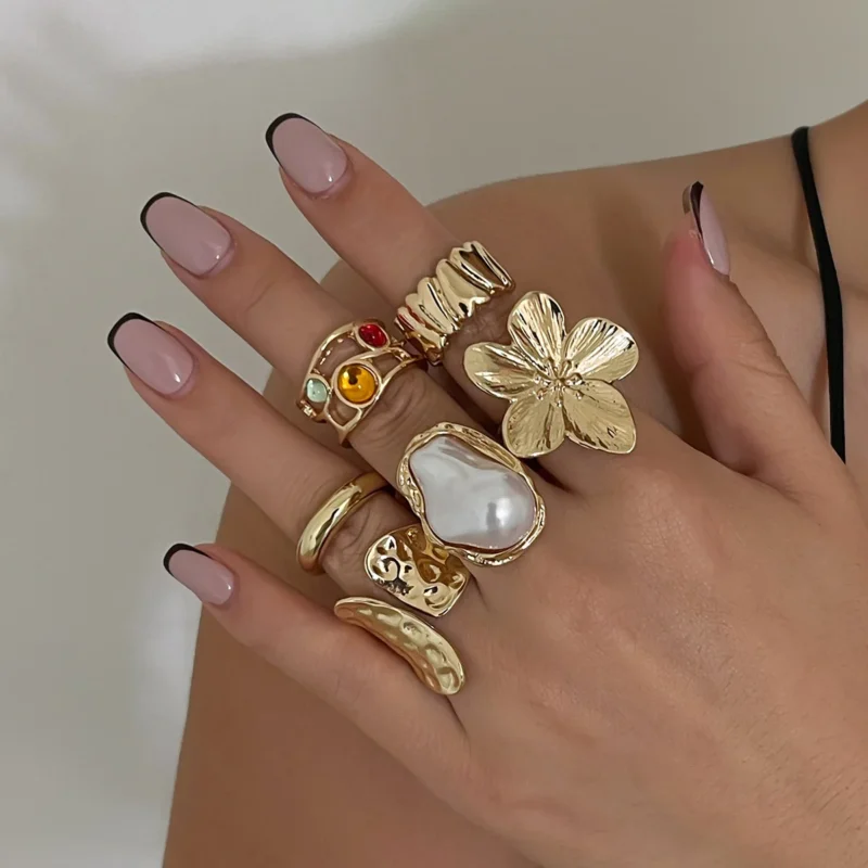 6Pcs Punk Vintage Exaggerated Metal Finger Rings Set - Flower, Pearl, Crystal Open Rings for Women - Image 4