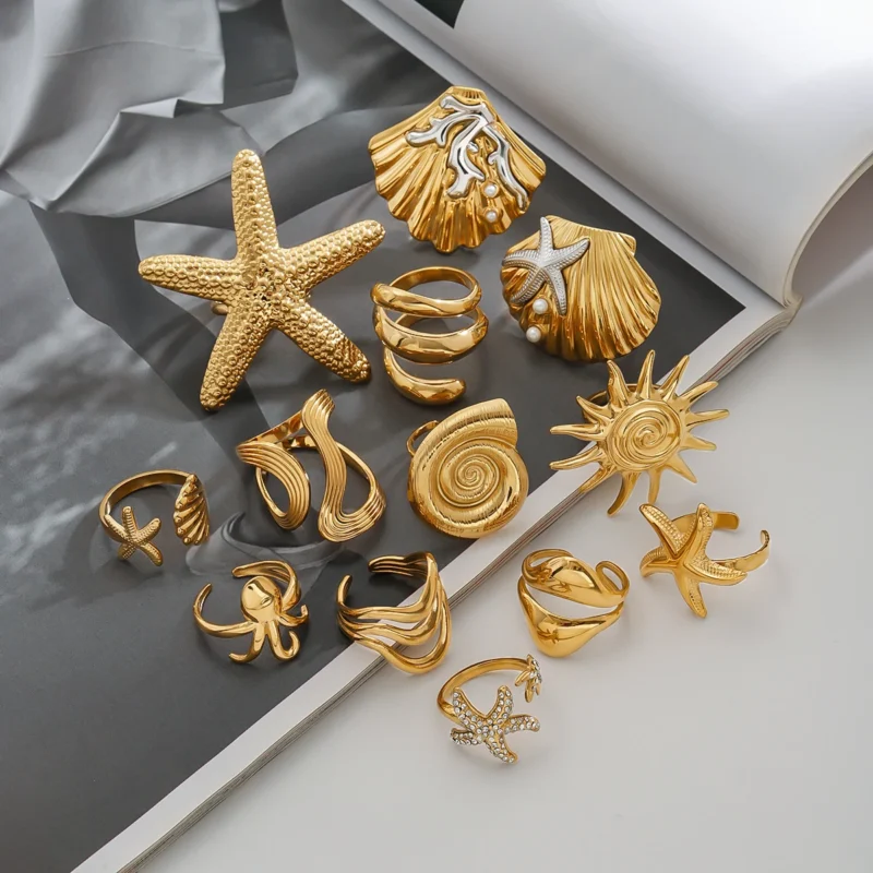 Uworld Ocean Beach Starfish Spiral Stackable Ring - 18K Gold Plated Stainless Steel for Women - Image 3
