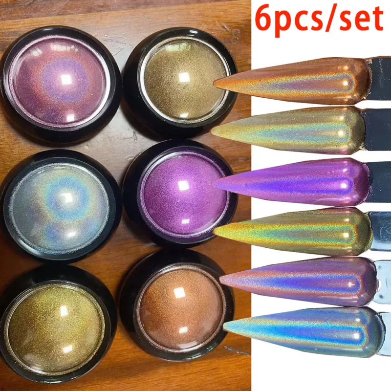 MingLee 6Pcs Chrome Nail Powder Set - Rose Gold Mirror Holographic Metallic Glitter - Image 8