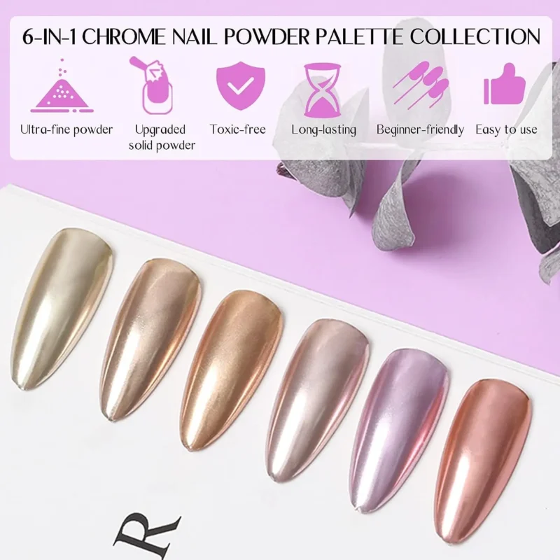 6-in-1 Solid Chrome Nail Powder Set - Mirror Metallic Gold & Holographic | MingLee - Image 3