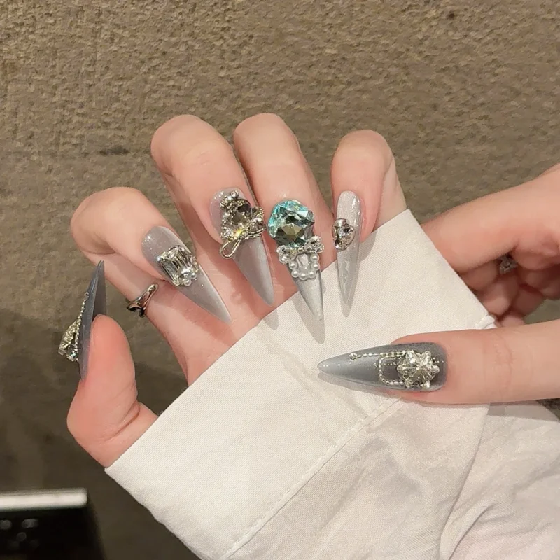 Glamorous 10pc Pink Cat Eye Press On Nails | Shiny Crystal Glitter - Image 7