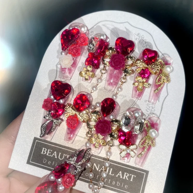 Stunning 24pc Luxury Red Diamond Press On Nails | 3D Gold Bow & Pearl - Image 2