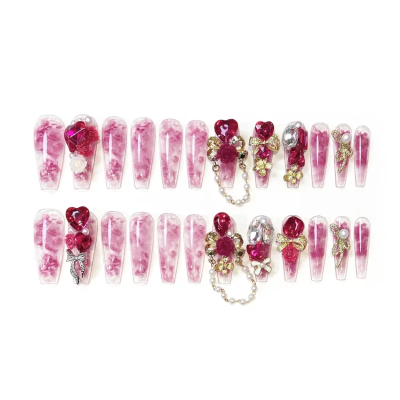 Stunning 24pc Luxury Red Diamond Press On Nails | 3D Gold Bow & Pearl - Image 5