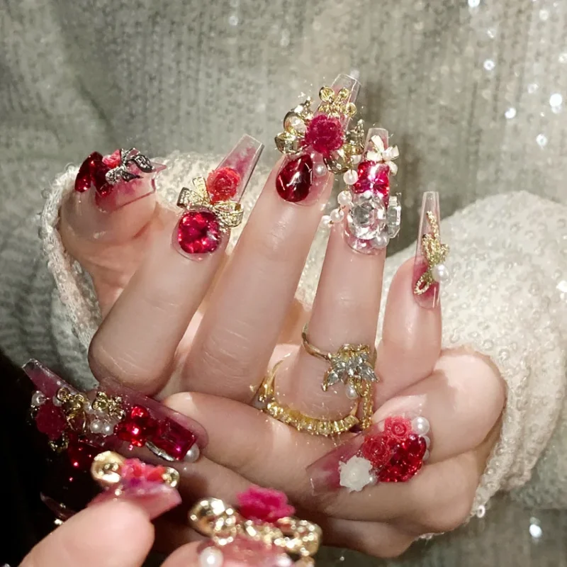 Stunning 24pc Luxury Red Diamond Press On Nails | 3D Gold Bow & Pearl - Image 4