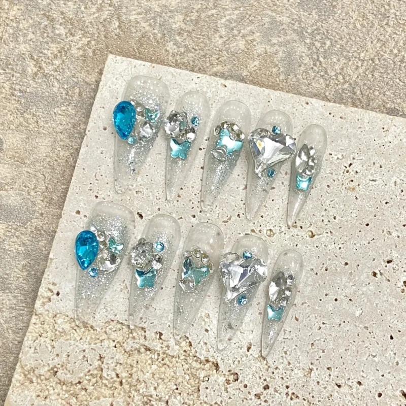 Dazzling 10pc Blue Stiletto Party Press On Nails | Full Flash Diamond - Image 9
