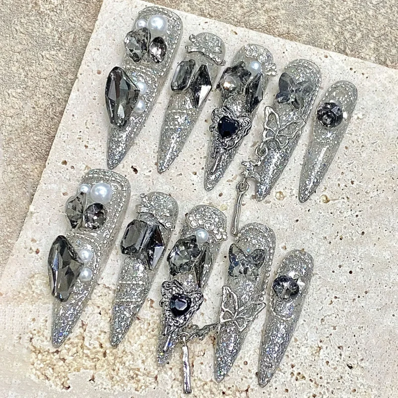 Dazzling 10pc Blue Stiletto Party Press On Nails | Full Flash Diamond - Image 8