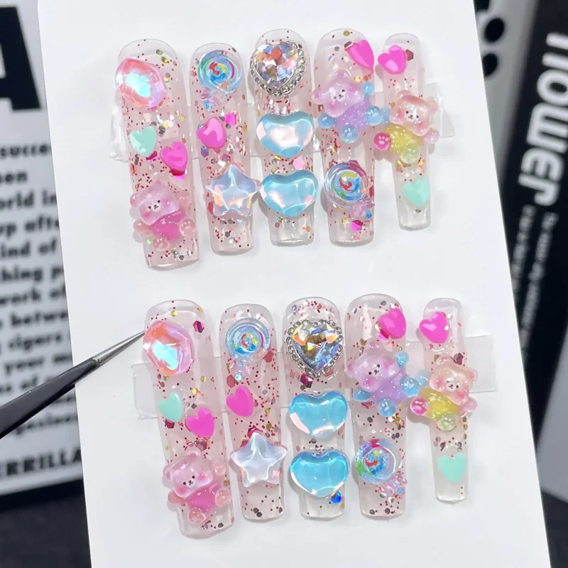 Adorable 10pc Cute Bear Rhinestone Fake Nails | Extra Long & Shiny - Image 2