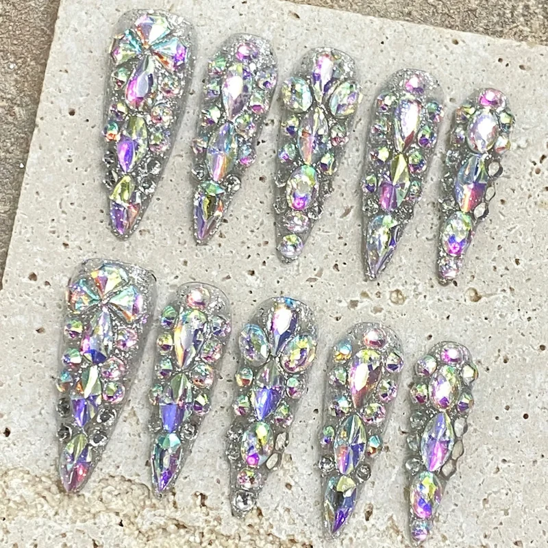 Dazzling 10pc Blue Stiletto Party Press On Nails | Full Flash Diamond - Image 7