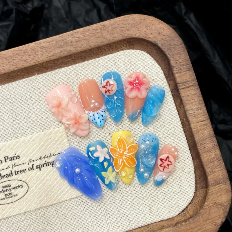 10pc Summer Sea Starfish Press On Nails | 3D Colorful