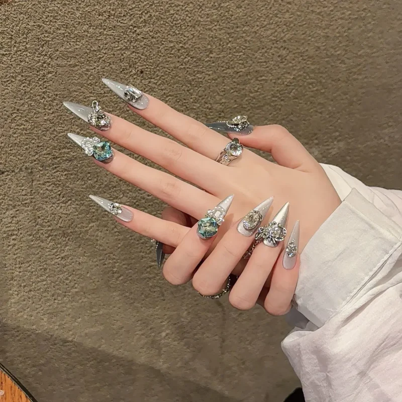 Glamorous 10pc Pink Cat Eye Press On Nails | Shiny Crystal Glitter - Image 6