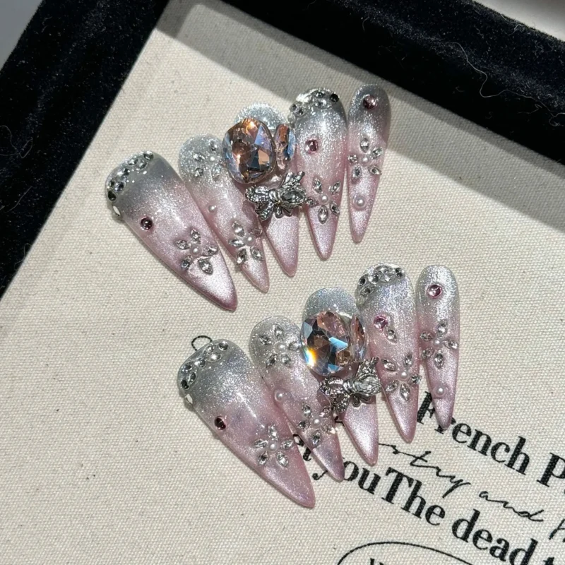 Glamorous 10pc Pink Cat Eye Press On Nails | Shiny Crystal Glitter - Image 4