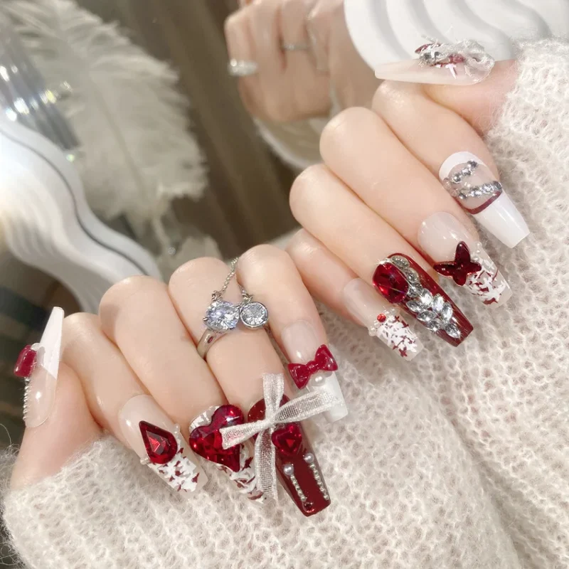 Stunning 24pc Luxury Red Diamond Press On Nails | 3D Gold Bow & Pearl - Image 11
