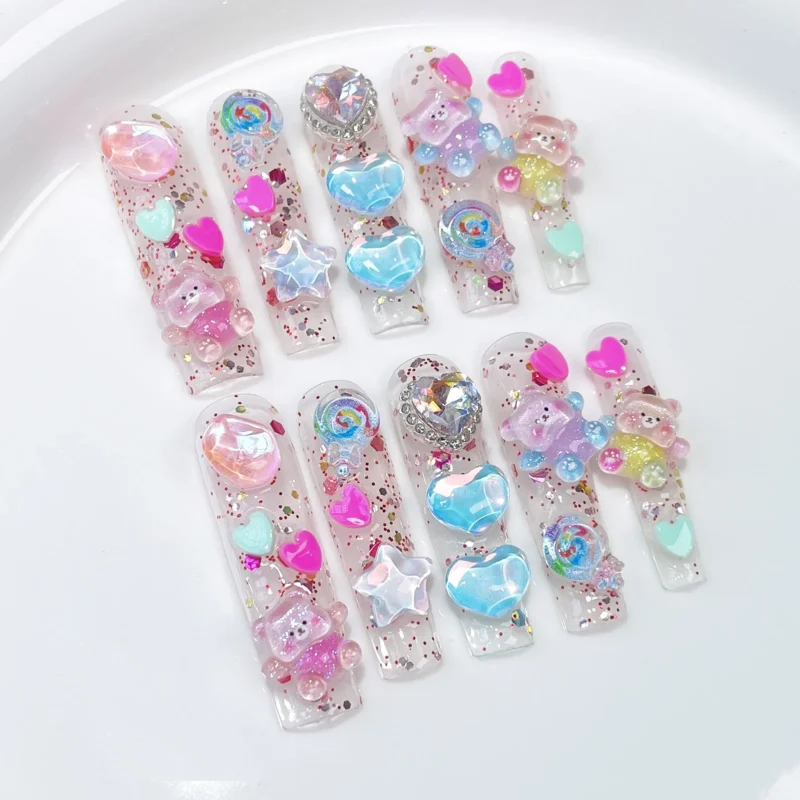 Adorable 10pc Cute Bear Rhinestone Fake Nails | Extra Long & Shiny