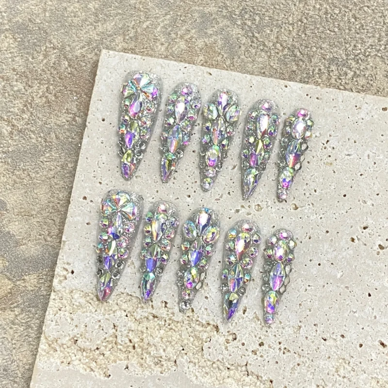 Dazzling 10pc Blue Stiletto Party Press On Nails | Full Flash Diamond - Image 4