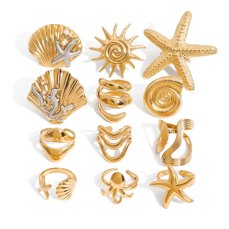 Uworld Ocean Beach Starfish Spiral Stackable Ring - 18K Gold Plated Stainless Steel for Women - Image 6