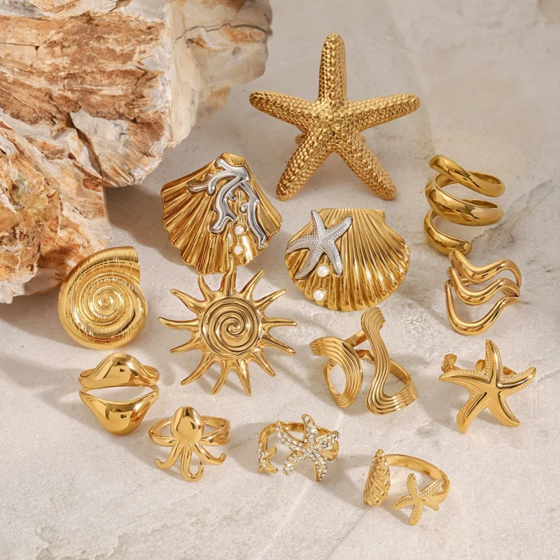 Uworld Ocean Beach Starfish Spiral Stackable Ring - 18K Gold Plated Stainless Steel for Women - Image 5