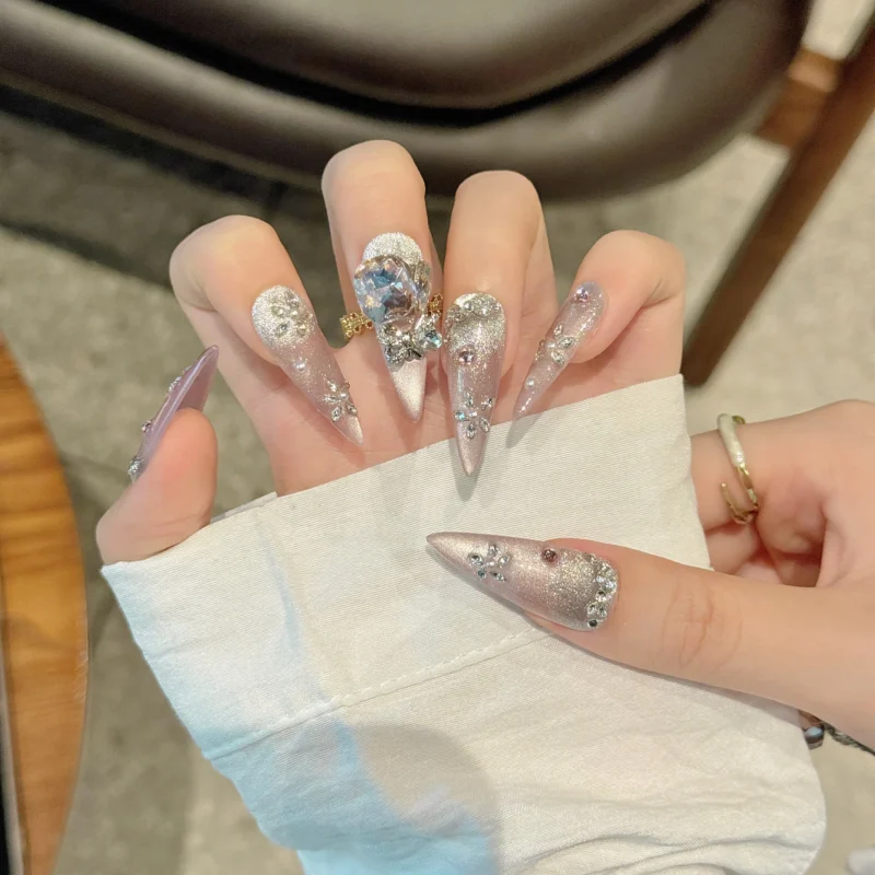 Glamorous 10pc Pink Cat Eye Press On Nails | Shiny Crystal Glitter - Image 2