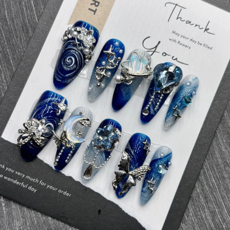 10pc Royal Blue Retro Press On Nails - Image 2