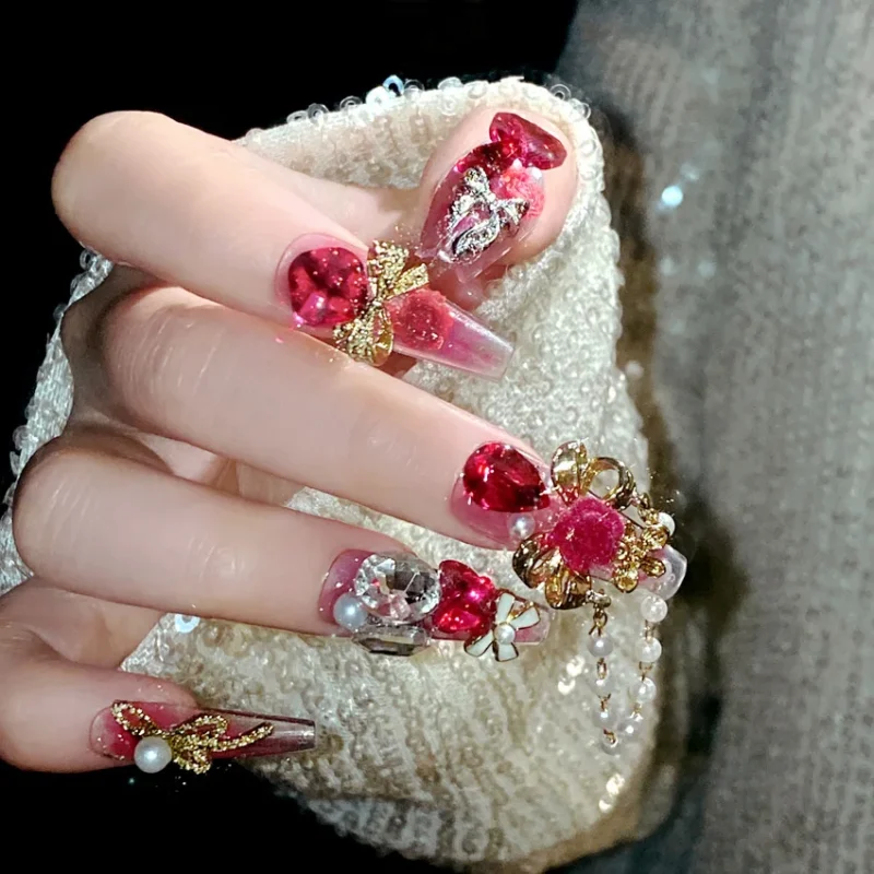 Stunning 24pc Luxury Red Diamond Press On Nails | 3D Gold Bow & Pearl - Image 3