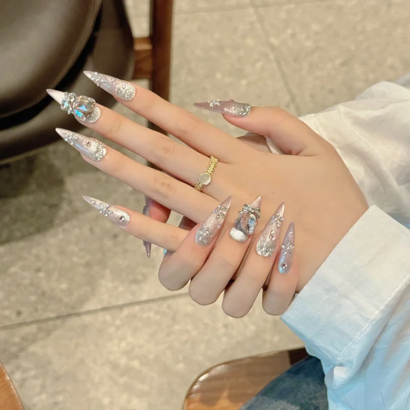 Glamorous 10pc Pink Cat Eye Press On Nails | Shiny Crystal Glitter - Image 3