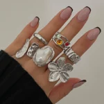 6Pcs Punk Vintage Exaggerated Metal Finger Rings Set - Flower, Pearl, Crystal Open Rings for Women