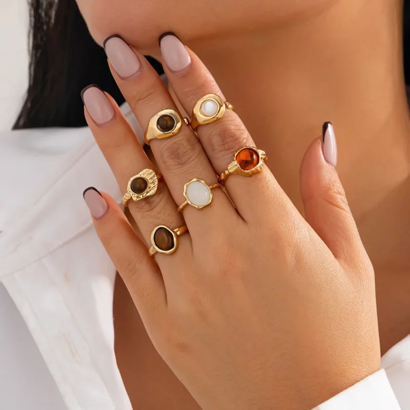 6Pcs Punk Vintage Exaggerated Metal Finger Rings Set - Flower, Pearl, Crystal Open Rings for Women - Image 6