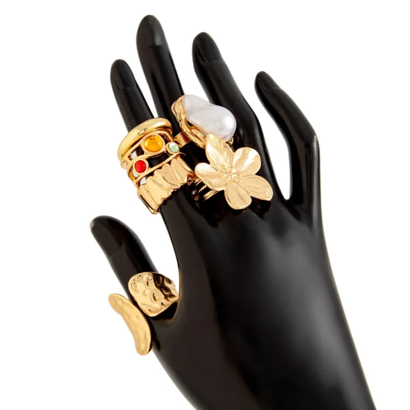 6Pcs Punk Vintage Exaggerated Metal Finger Rings Set - Flower, Pearl, Crystal Open Rings for Women - Image 7