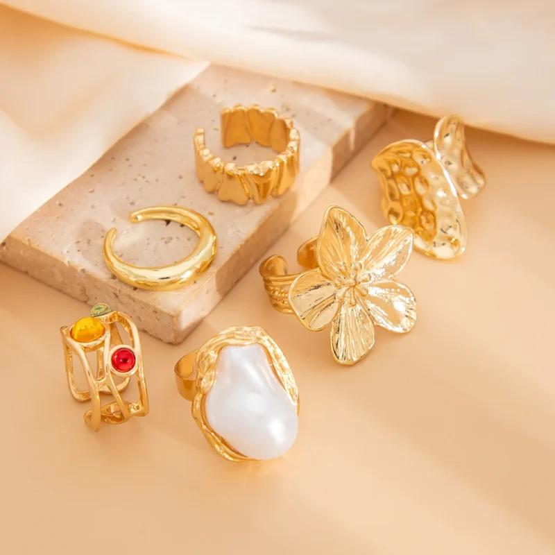 6Pcs Punk Vintage Exaggerated Metal Finger Rings Set - Flower, Pearl, Crystal Open Rings for Women - Image 3