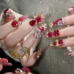 Stunning 24pc Luxury Red Diamond Press On Nails | 3D Gold Bow & Pearl