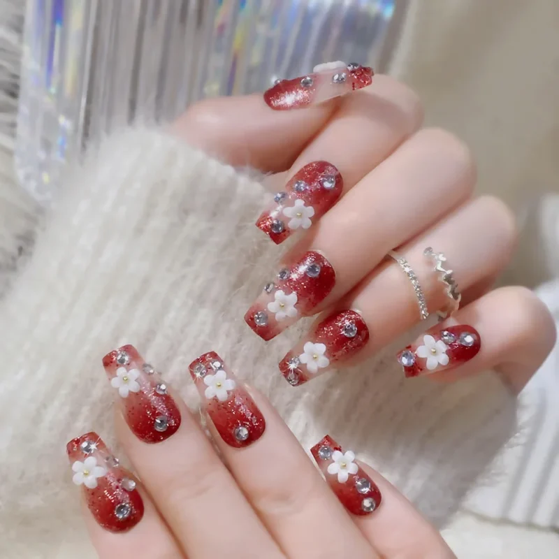 Stunning 24pc Luxury Red Diamond Press On Nails | 3D Gold Bow & Pearl - Image 10