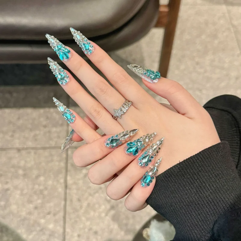 Dazzling 10pc Blue Stiletto Party Press On Nails | Full Flash Diamond - Image 2
