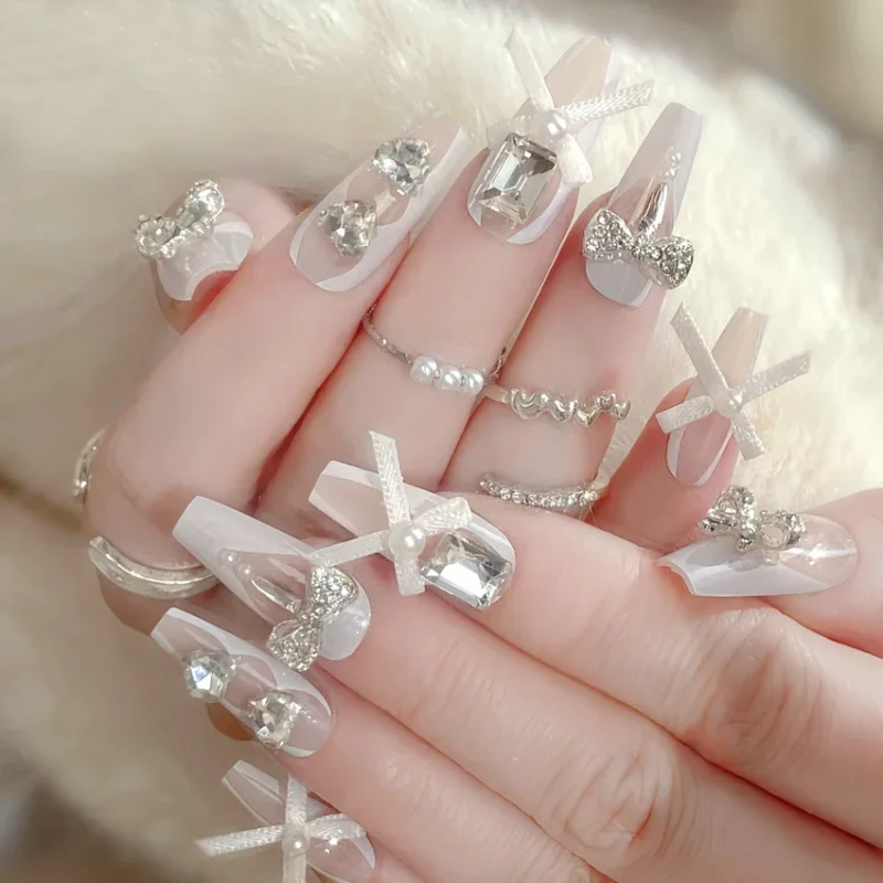 Stunning 24pc Luxury Red Diamond Press On Nails | 3D Gold Bow & Pearl - Image 8