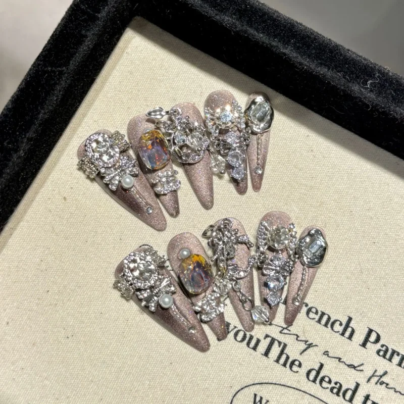 Glamorous 10pc Pink Cat Eye Press On Nails | Shiny Crystal Glitter - Image 10