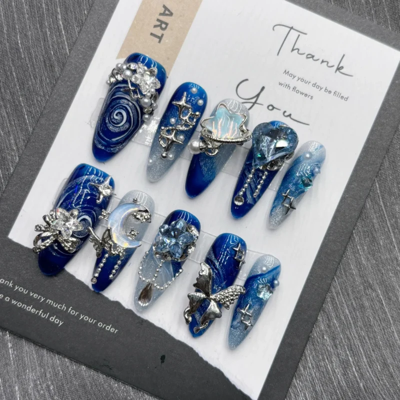 10pc Royal Blue Retro Press On Nails - Image 3