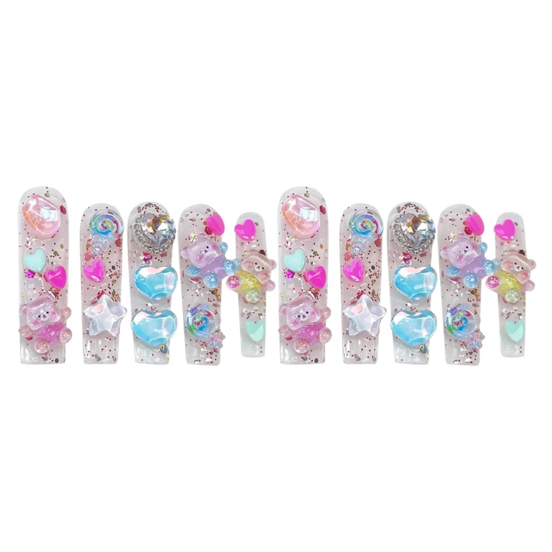 Adorable 10pc Cute Bear Rhinestone Fake Nails | Extra Long & Shiny - Image 9