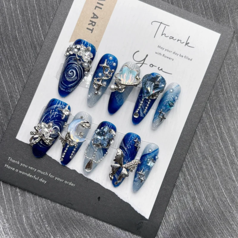 10pc Royal Blue Retro Press On Nails