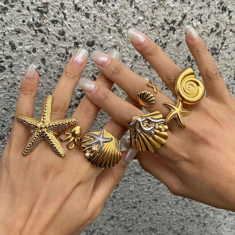 Uworld Ocean Beach Starfish Spiral Stackable Ring - 18K Gold Plated Stainless Steel for Women