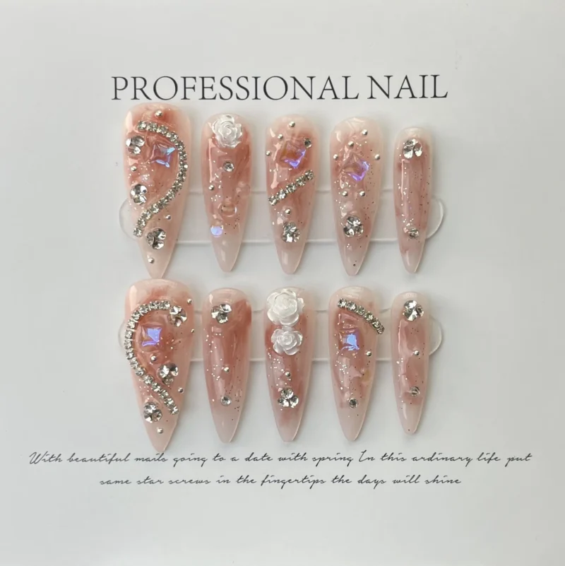 Dazzling 10pc Blue Stiletto Party Press On Nails | Full Flash Diamond - Image 10