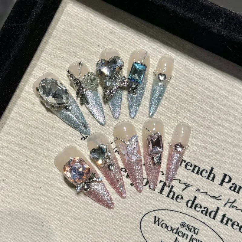 Glamorous 10pc Pink Cat Eye Press On Nails | Shiny Crystal Glitter