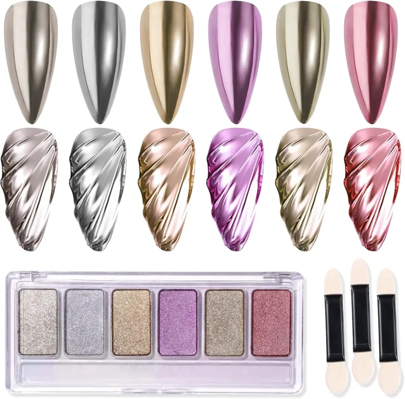 6-in-1 Solid Chrome Nail Powder Set - Mirror Metallic Gold & Holographic | MingLee - Image 2