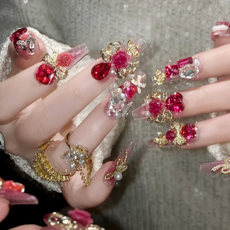 Stunning 24pc Luxury Red Diamond Press On Nails | 3D Gold Bow & Pearl - Image 7