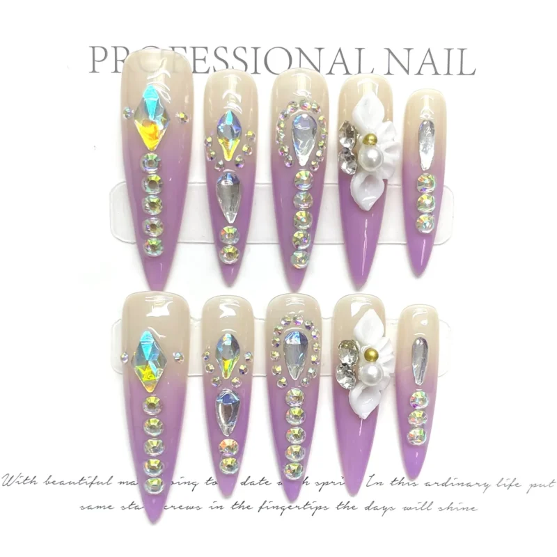 Dazzling 10pc Blue Stiletto Party Press On Nails | Full Flash Diamond - Image 11