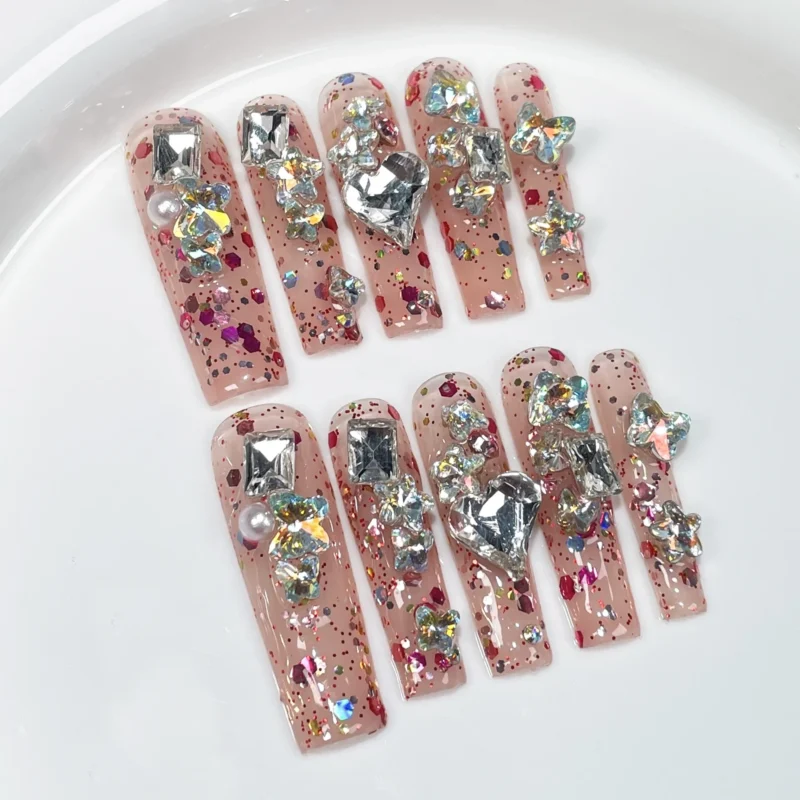 Adorable 10pc Cute Bear Rhinestone Fake Nails | Extra Long & Shiny - Image 6