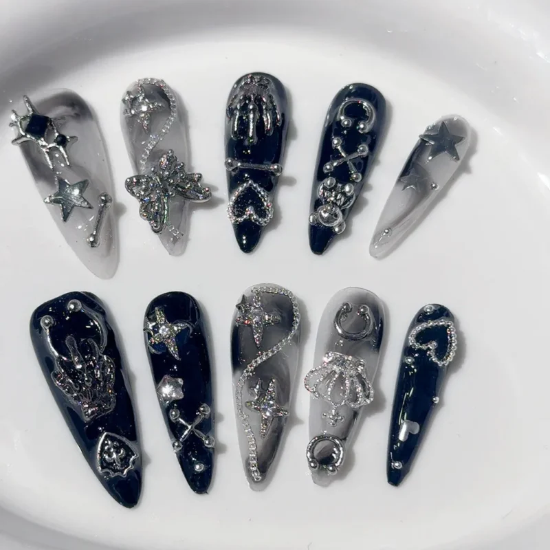 Awesome Y2K Black White Press On Nails | Long Tip Butterfly Star Crown - Image 2