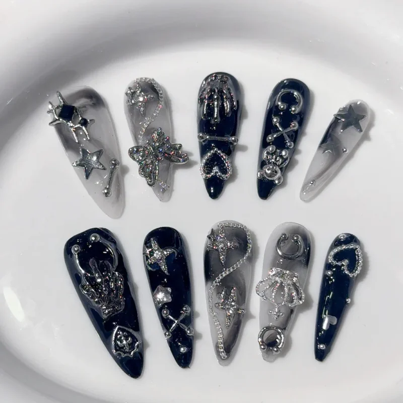 Awesome Y2K Black White Press On Nails | Long Tip Butterfly Star Crown