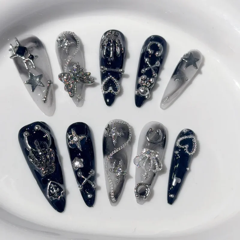 Awesome Y2K Black White Press On Nails | Long Tip Butterfly Star Crown - Image 3