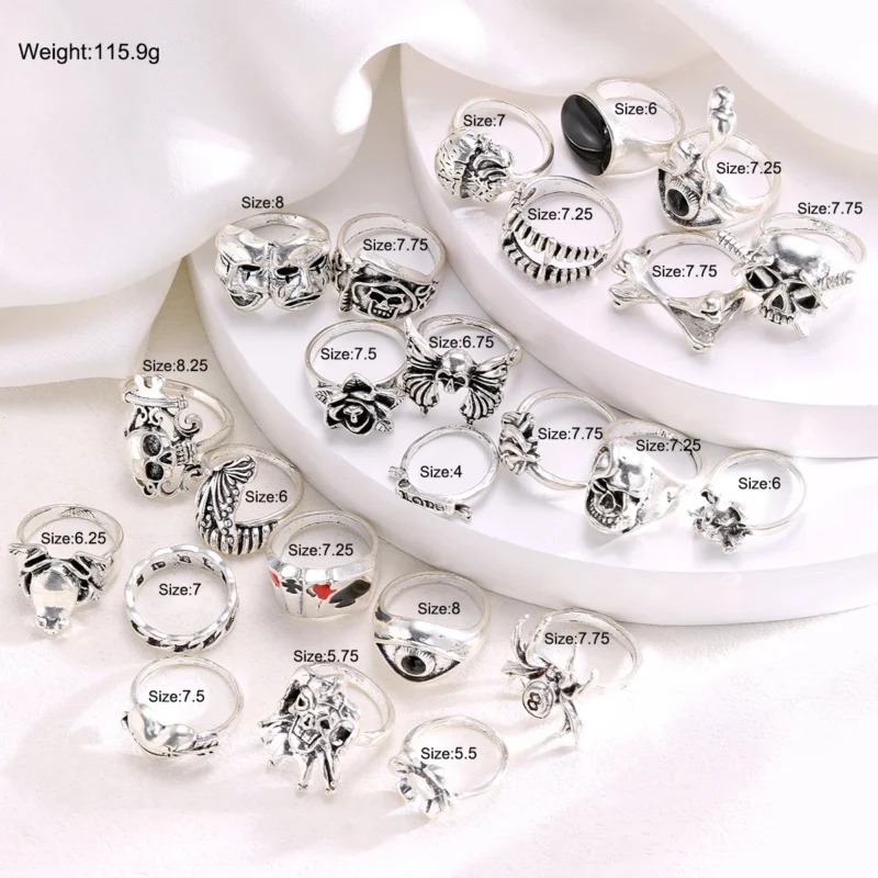 Drippy Girl 24-Piece Punk Gothic Rings Set | Silver Skeleton, Spider, & Poker Designs for Men | Hip Hop Jewelry - Image 6