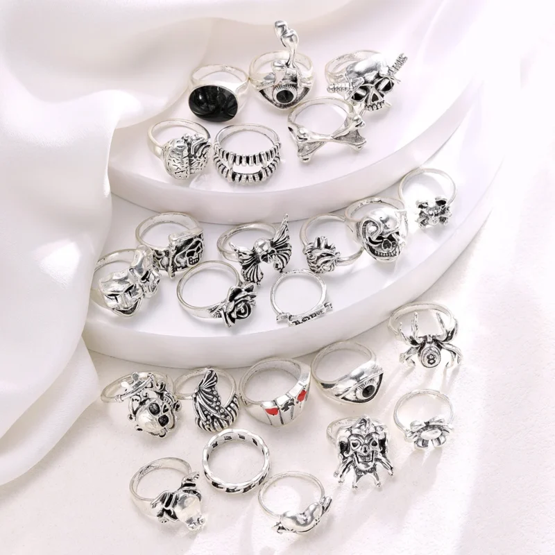 Drippy Girl 24-Piece Punk Gothic Rings Set | Silver Skeleton, Spider, & Poker Designs for Men | Hip Hop Jewelry - Image 5