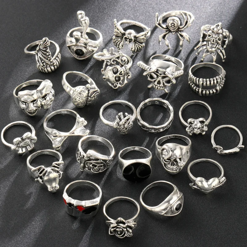 Drippy Girl 24-Piece Punk Gothic Rings Set | Silver Skeleton, Spider, & Poker Designs for Men | Hip Hop Jewelry - Image 3