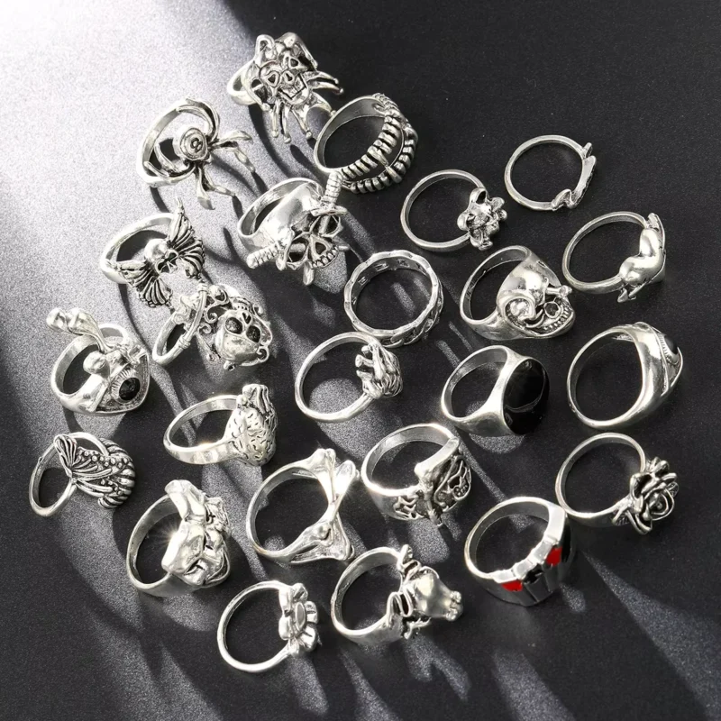 Drippy Girl 24-Piece Punk Gothic Rings Set | Silver Skeleton, Spider, & Poker Designs for Men | Hip Hop Jewelry - Image 4